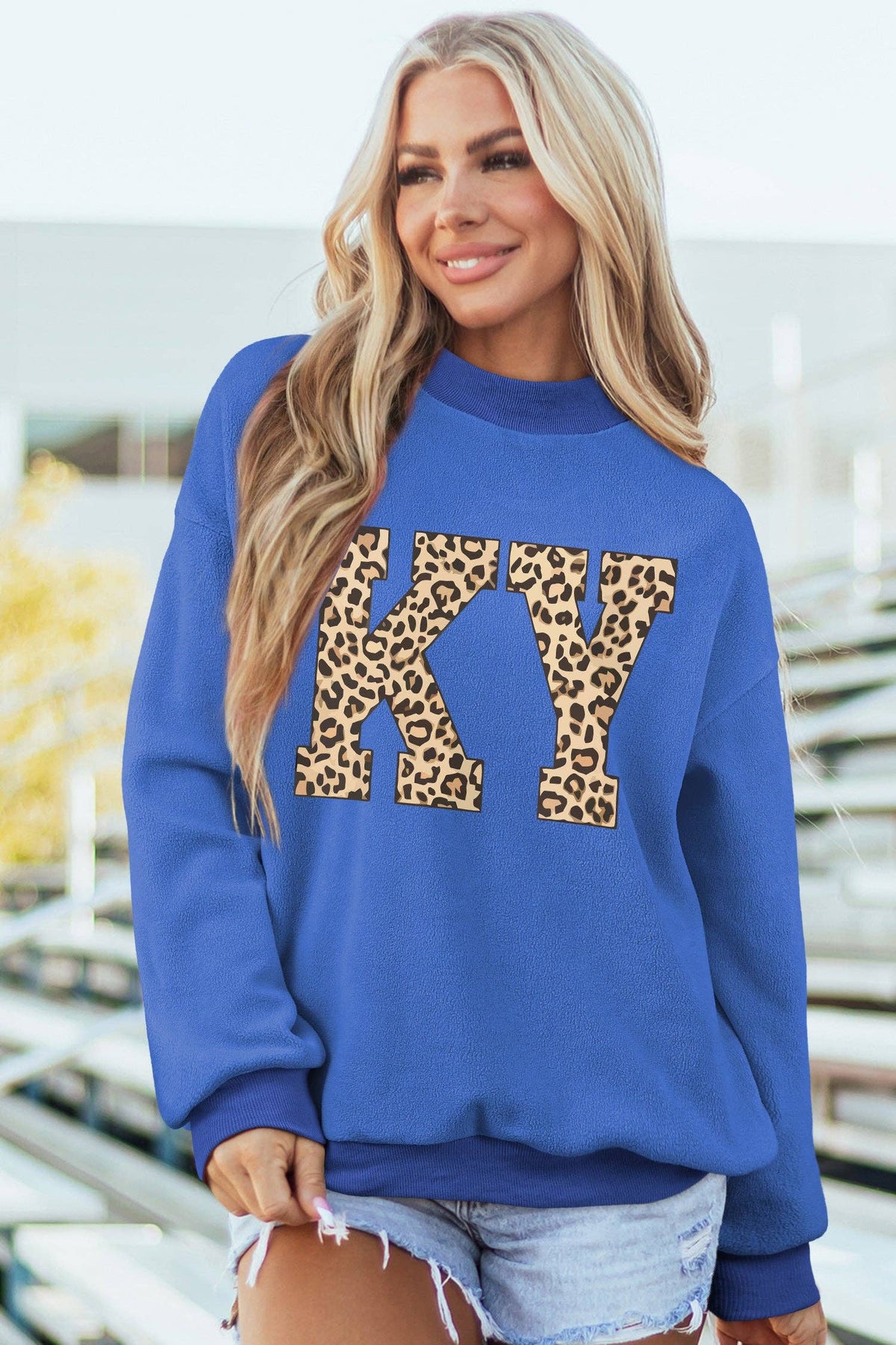 Dark Blue KENTUCKY Leopard KY Letter Print Reversible Mock Neck
