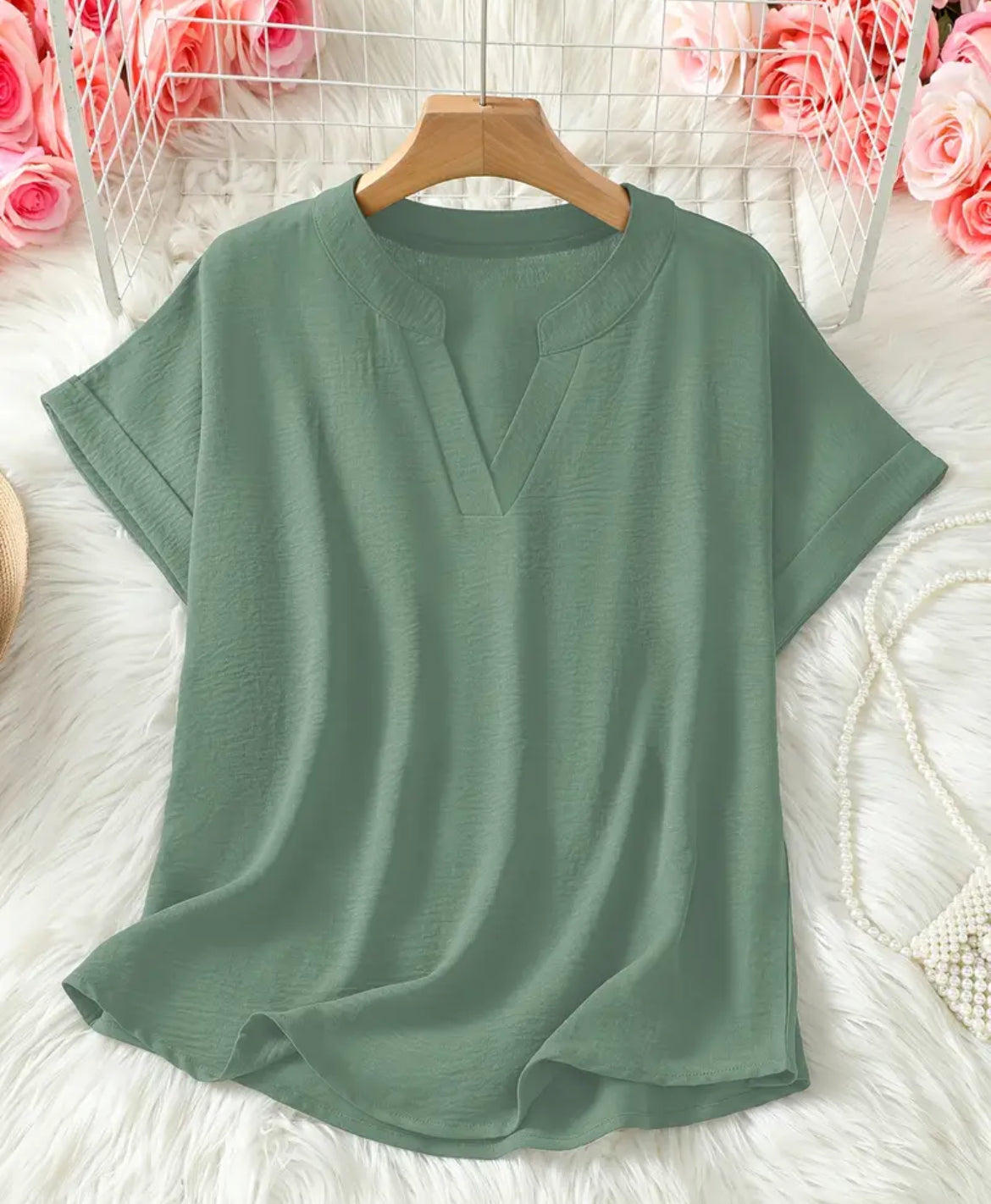Sage Loose V Neck Blouse