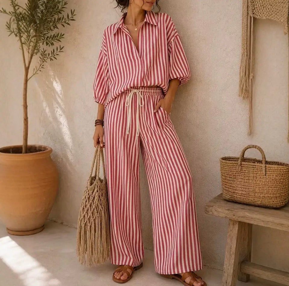 Red Striped Button Down and Wide Leg Set
