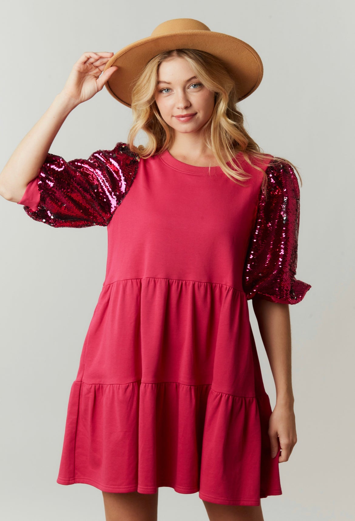 Sequin Puff Sleeve French Terry Dress