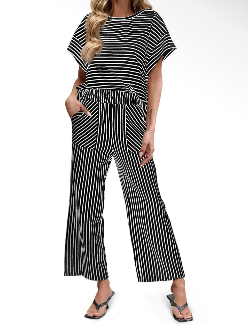 Black Striped Top and Wide Leg Set