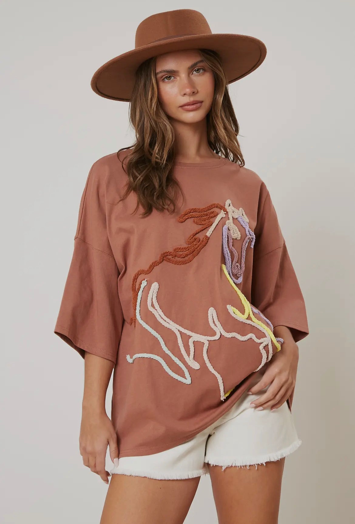 Peach Love Horse Embroidery Shirt