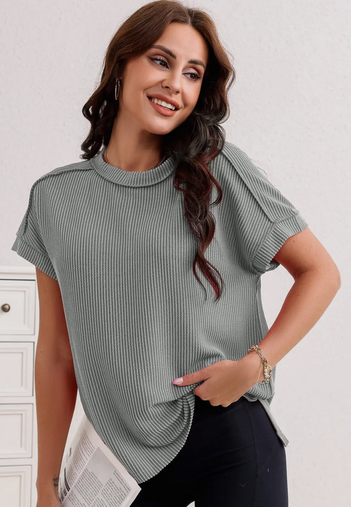 Textured Knit Sweater in Grey/Green