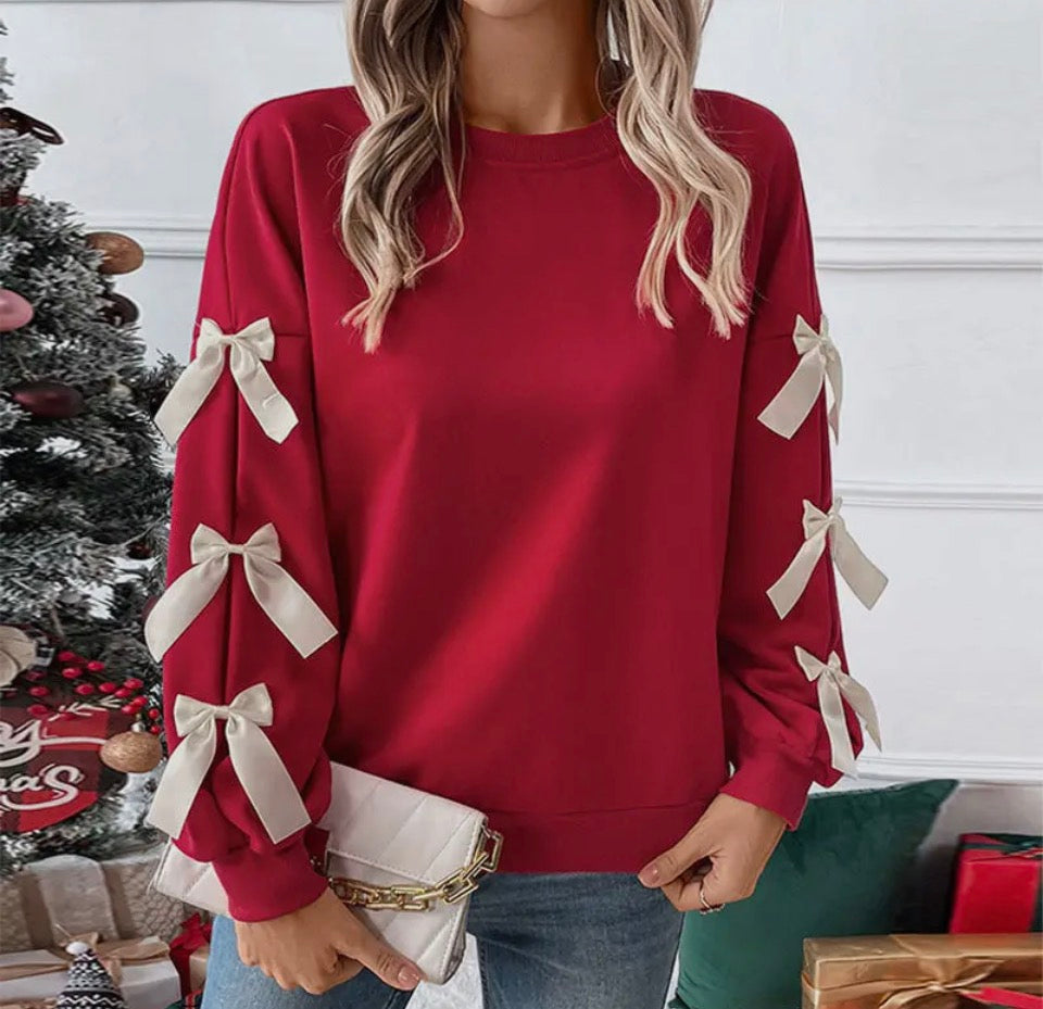 Red Pullover Top with White Sleeve Bows