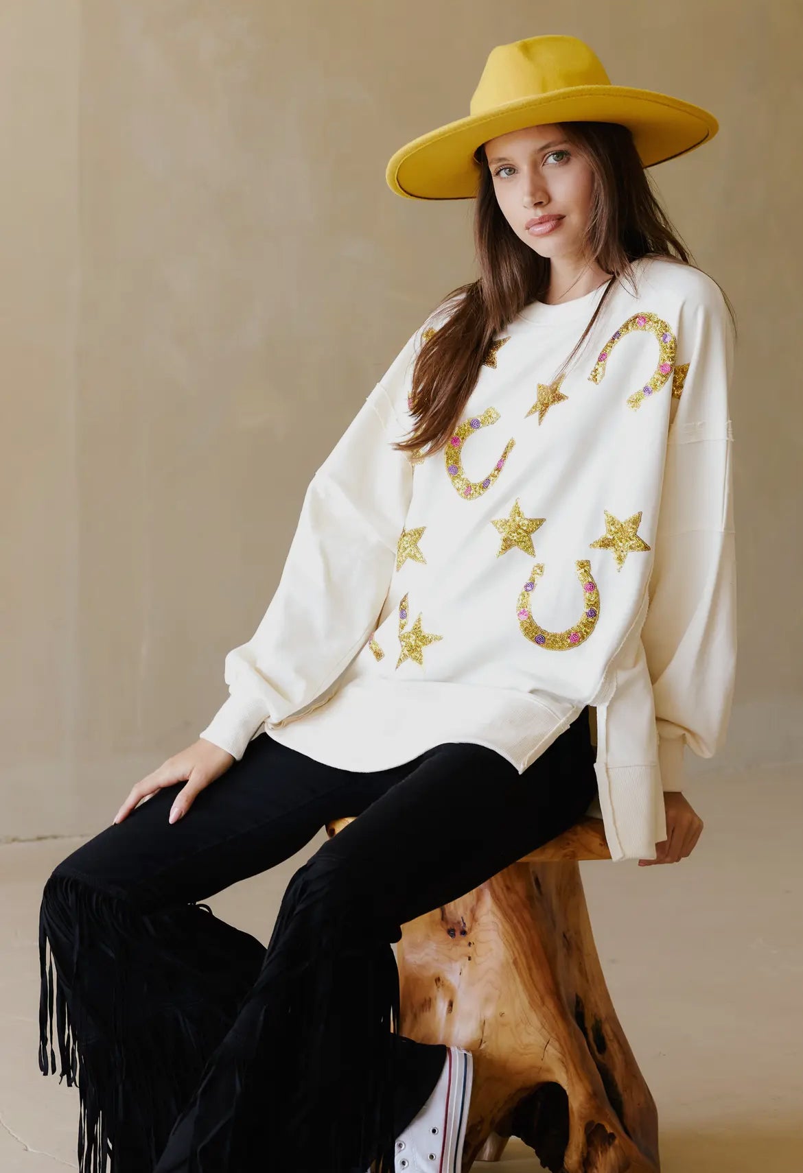 Lucky Peach Horseshoe Sequin Tunic Cream
