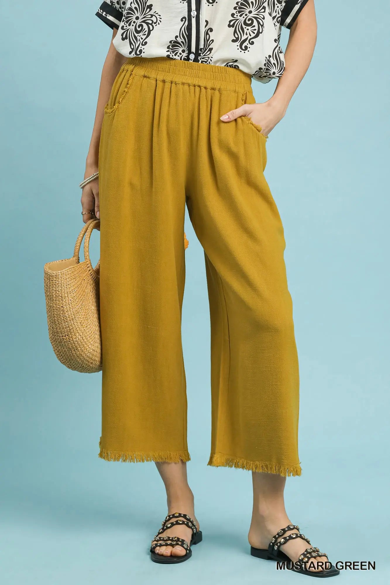 Umgee Wide-Leg Frayed Pants Mustard