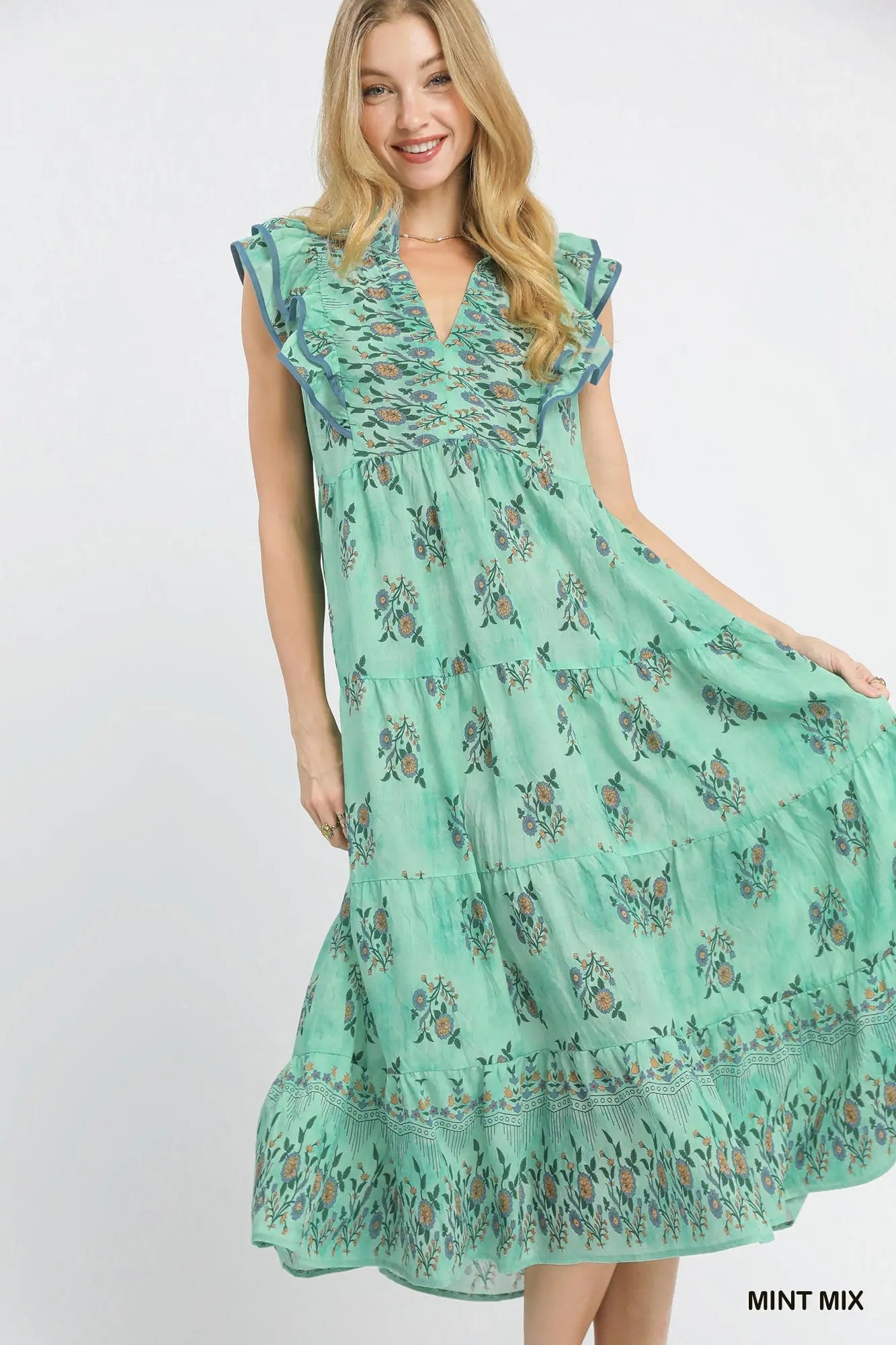 Umgee Floral Tiered Midi Dress