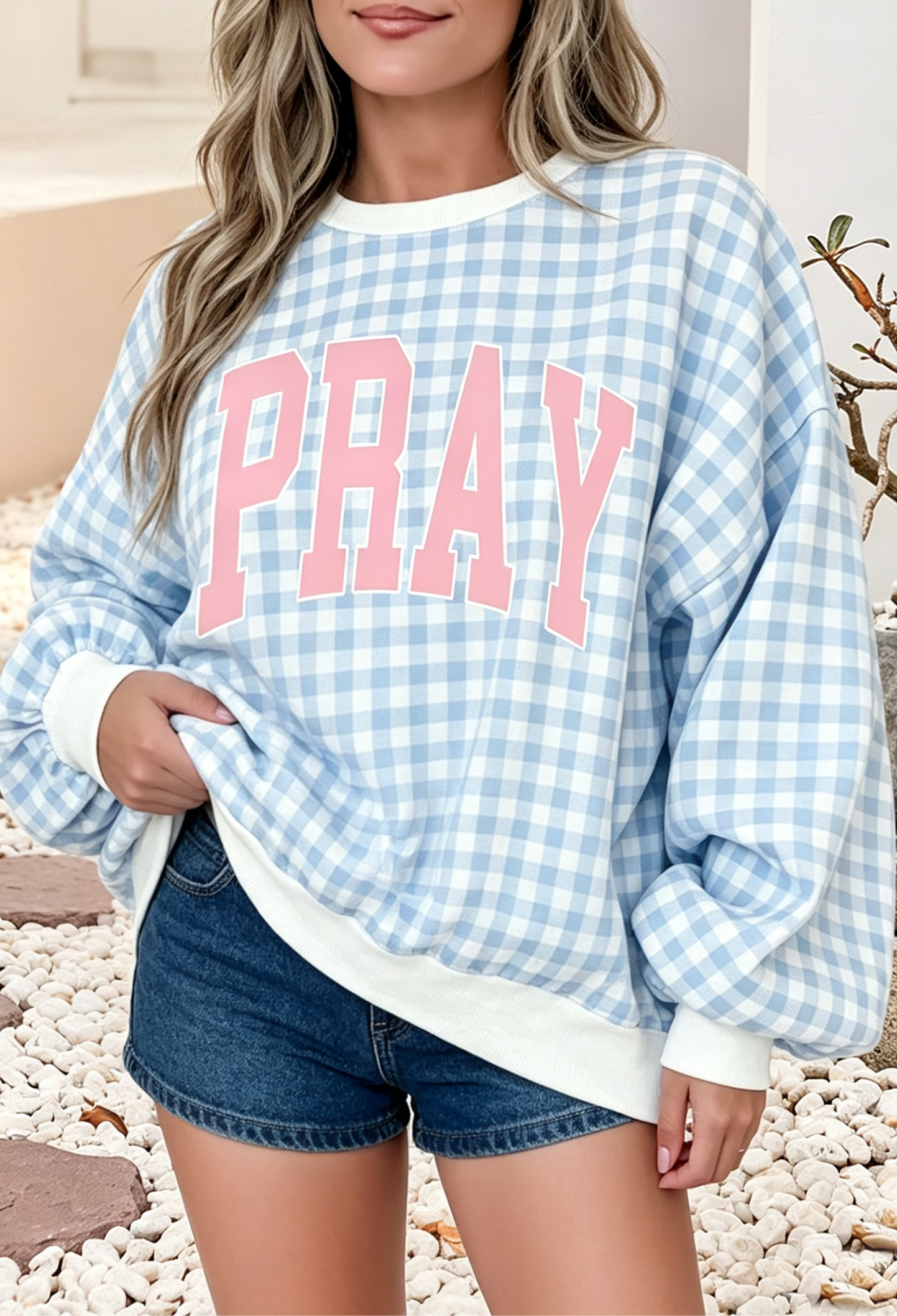 LDC PRAY Slogan Graphic Pullover Sweatshirt: Light Blue / L