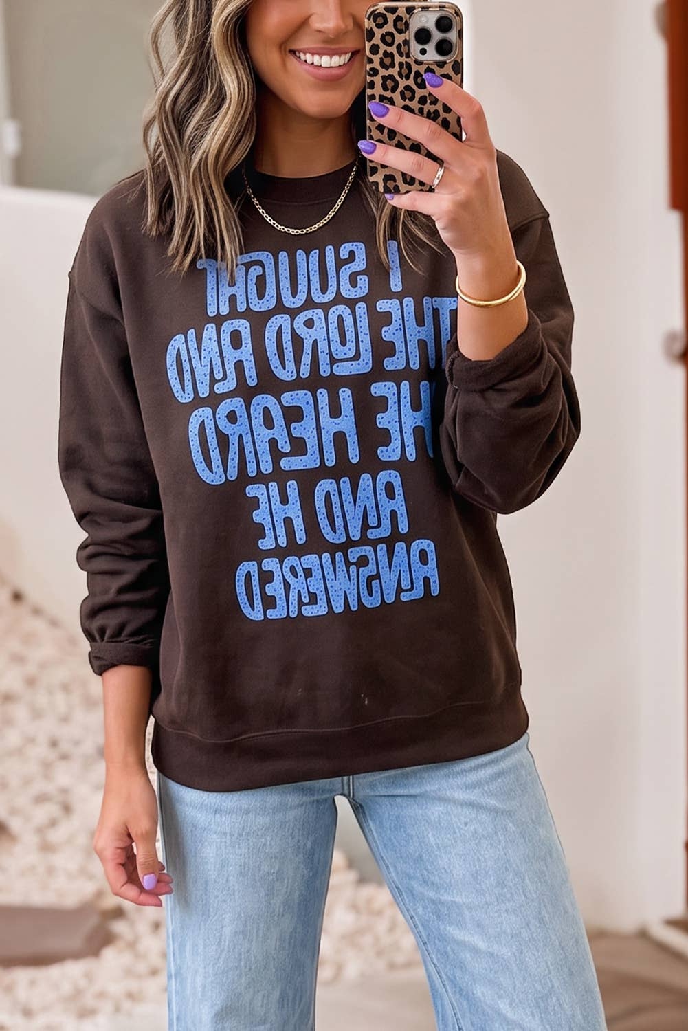 Polka Dot Slogan Print Casual Pullover Sweatshirt: Coffee