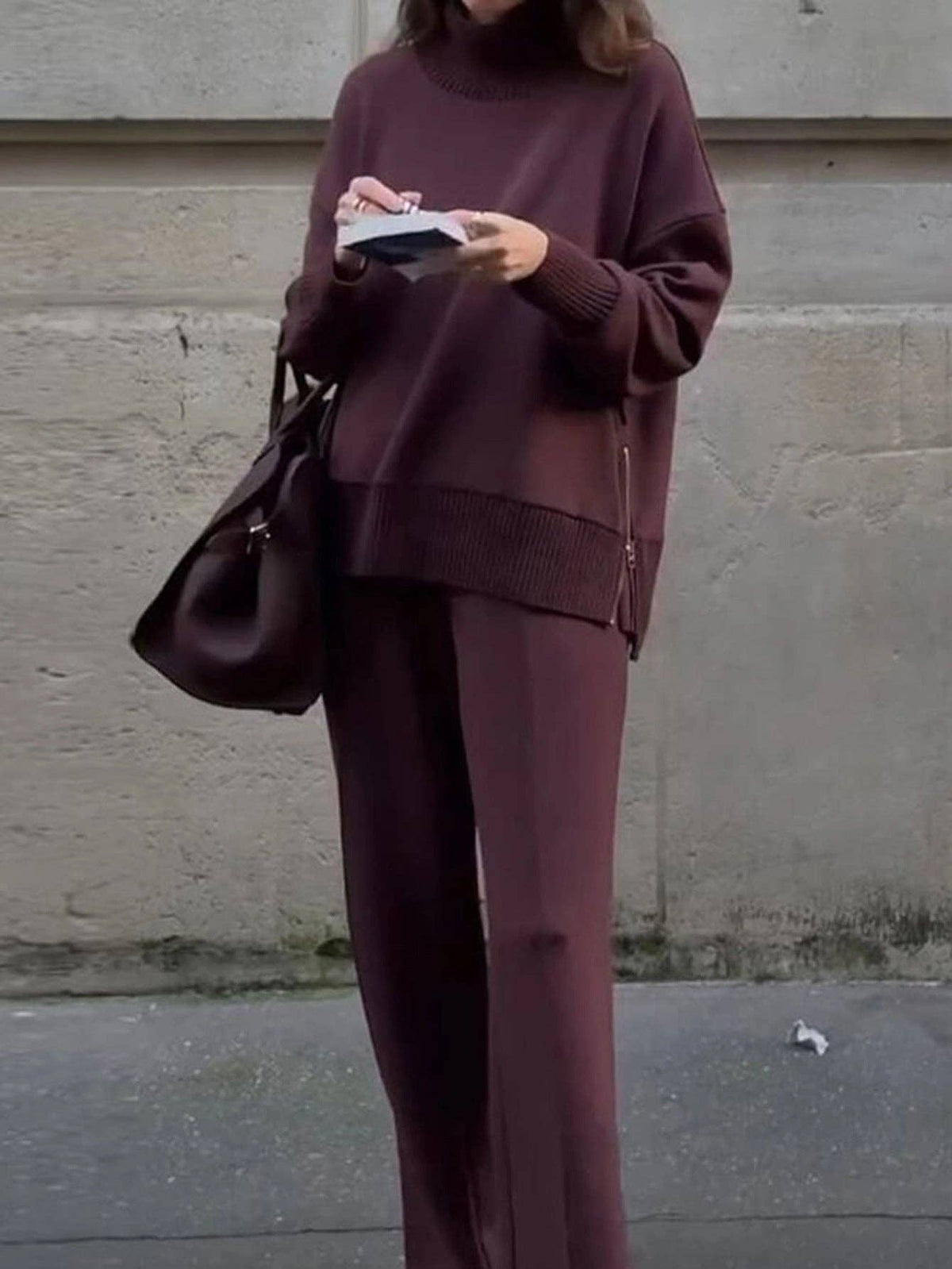 Mock Neck and Wide Leg Pants Matching Set