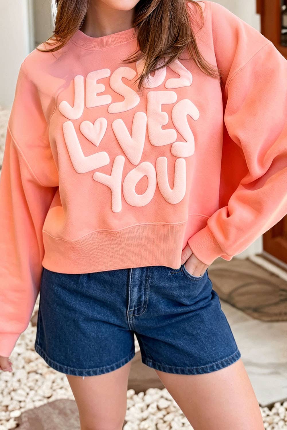 JESUS LOVES YOU Puffy Letter Graphic Sweatshirt: Grapefruit Orange