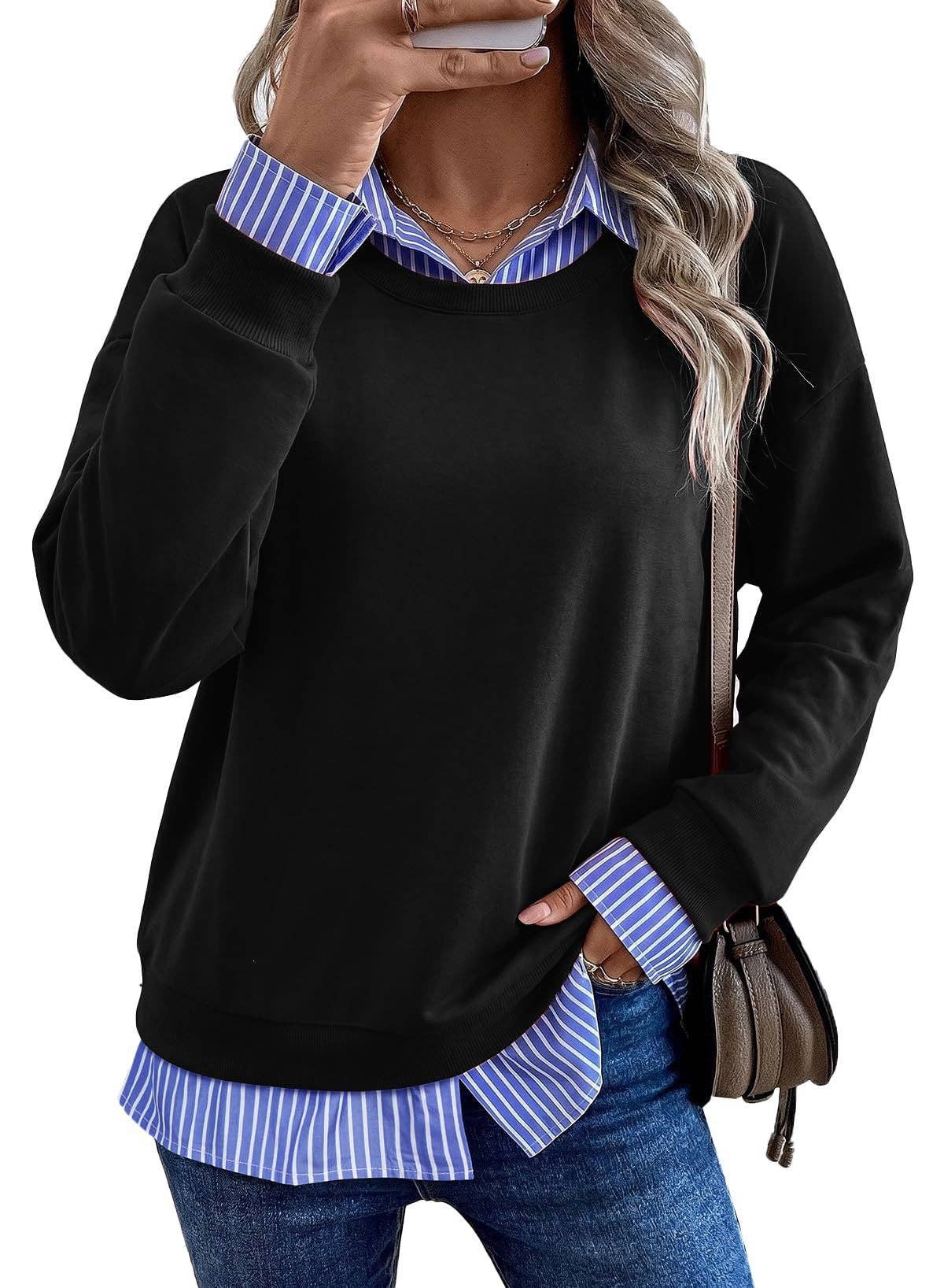 Faux Layered Crewneck Sweatshirt Striped Shirt