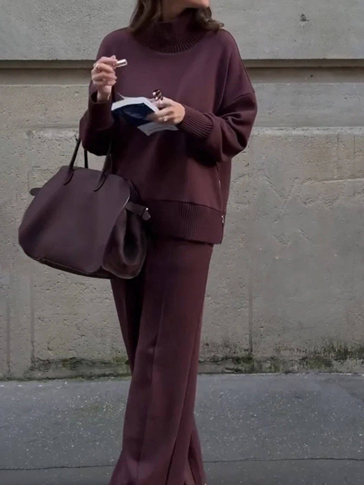 Mock Neck and Wide Leg Pants Matching Set