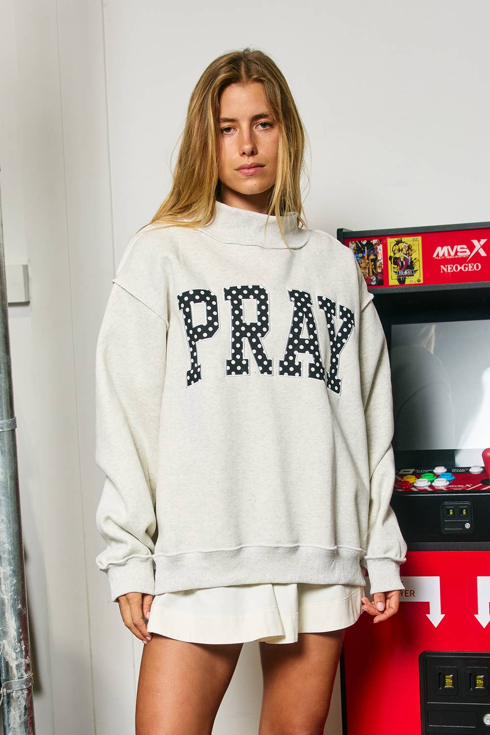 PRAY| Embroidered "PRAY" Mock Neck Sweatshirt: HEATHER GREY