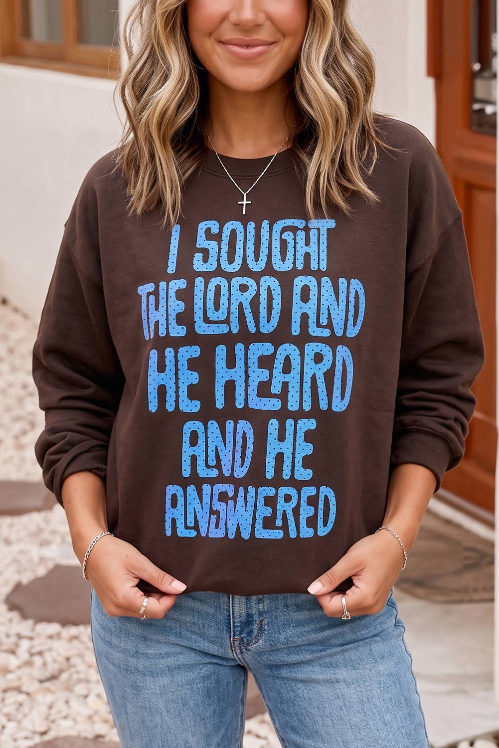 Polka Dot Slogan Print Casual Pullover Sweatshirt: Coffee
