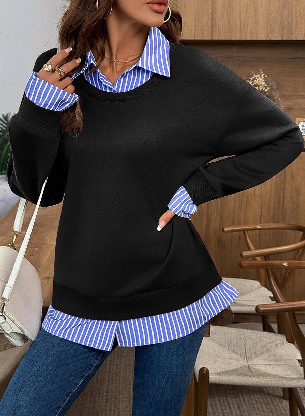 Faux Layered Crewneck Sweatshirt Striped Shirt