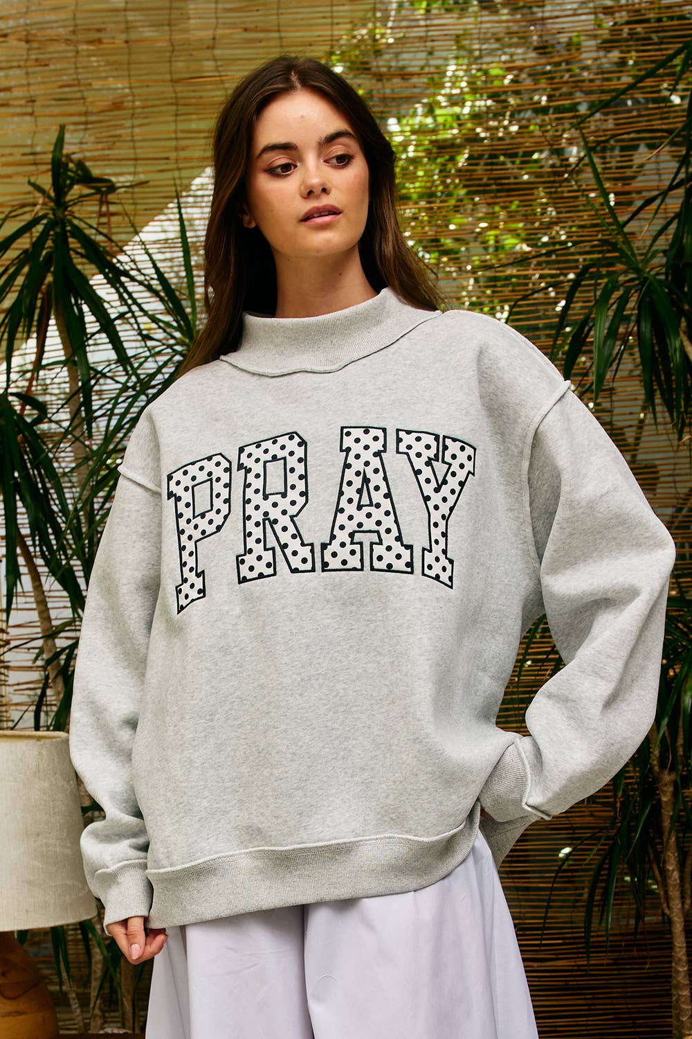 PRAY| Embroidered "PRAY" Mock Neck Sweatshirt: HEATHER GREY
