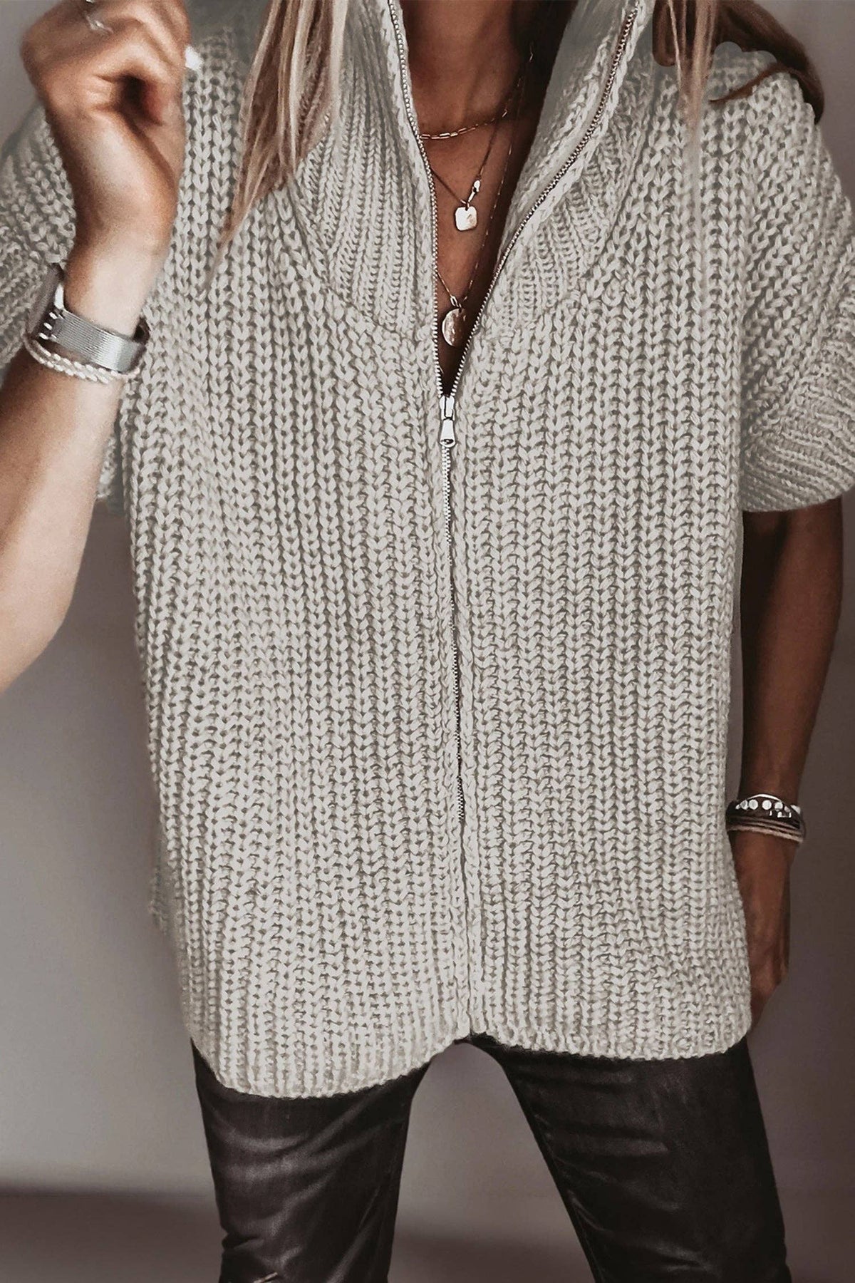 Short Sleeve Zipper Knit High Neck Sweater