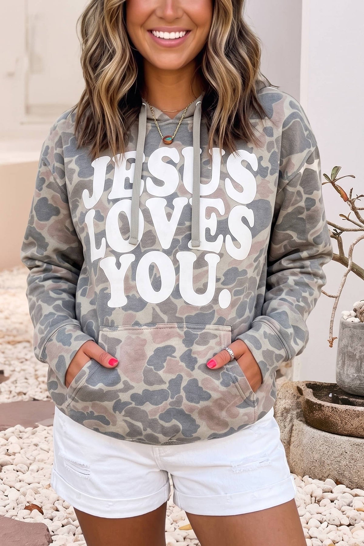Retro Camouflage Jesus Loves You Print Relaxed Hoodie