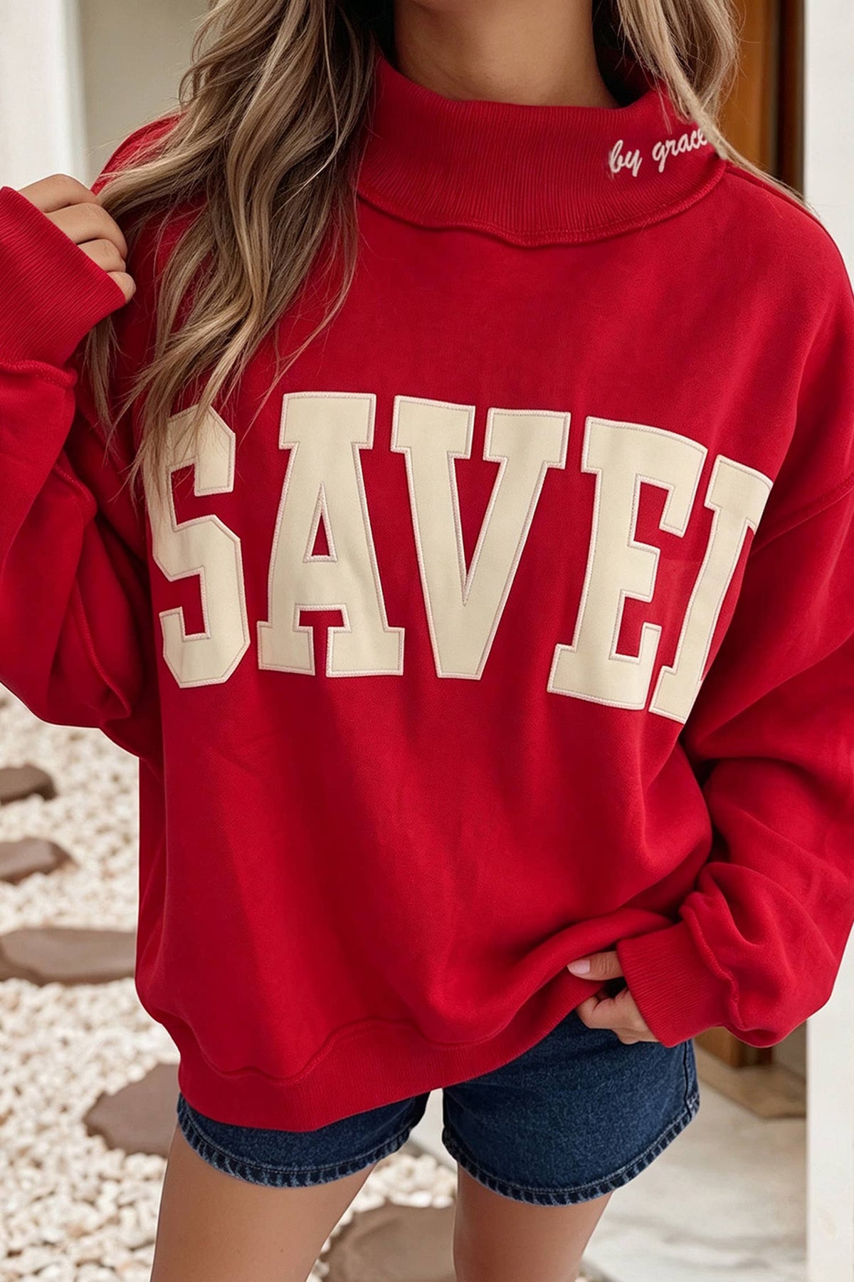 Embroidered Saved By Grace Mock Neck Sweatshirt