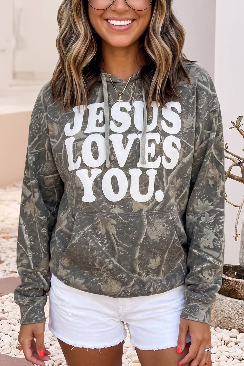 Retro Camouflage Jesus Loves You Print Relaxed Hoodie