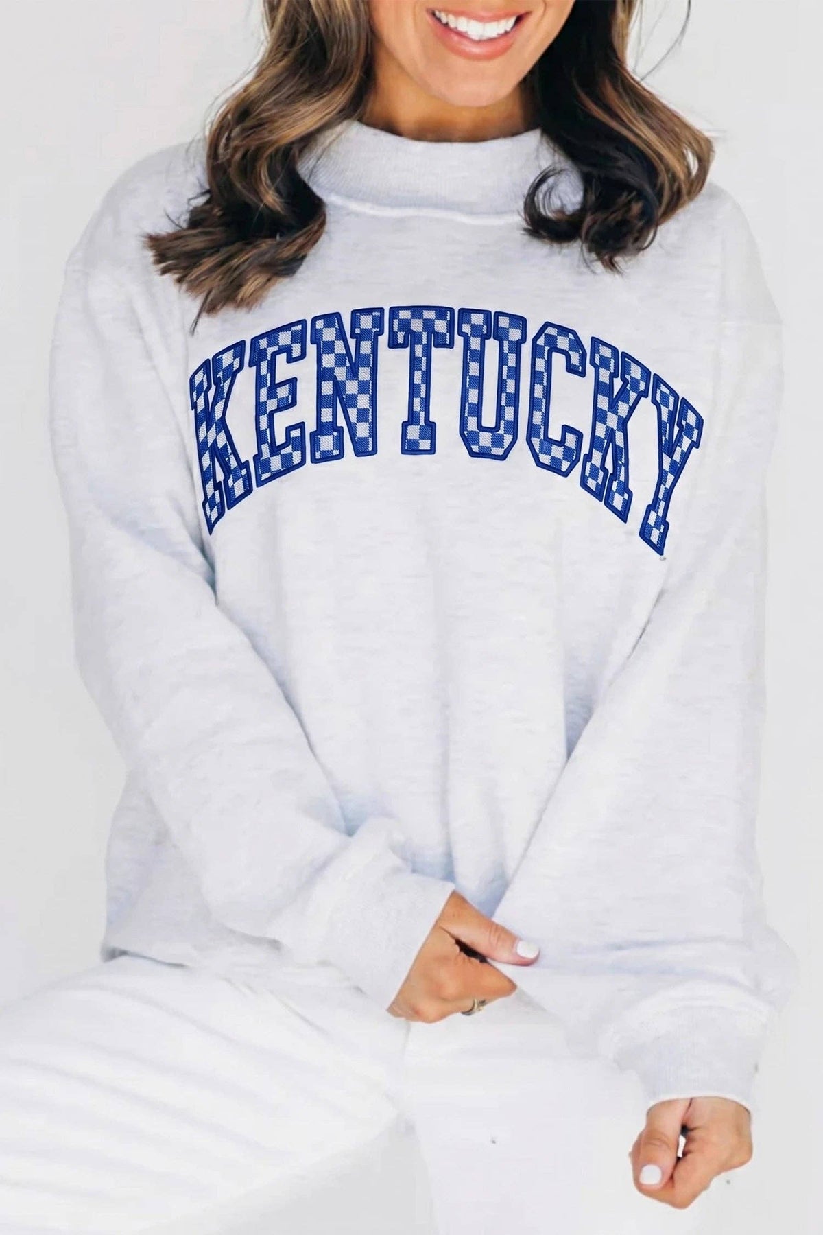 Mock Neck Embroidered Checkered Letter Game Day Sweatshirt