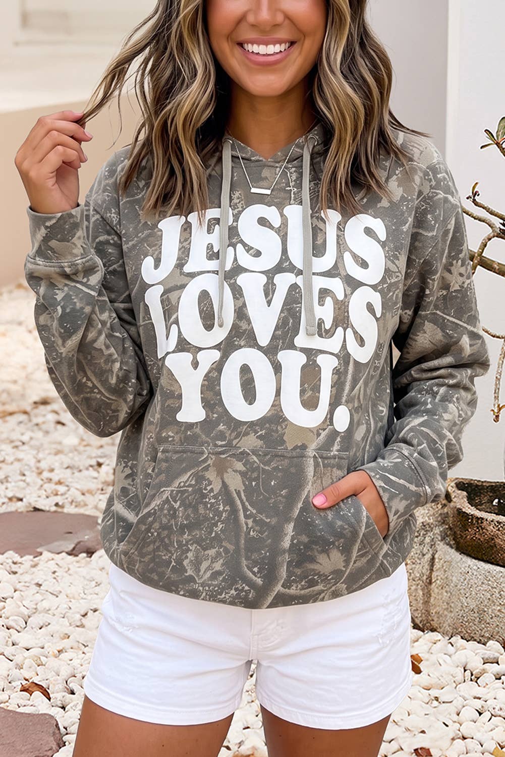 Retro Camouflage Jesus Loves You Print Relaxed Hoodie