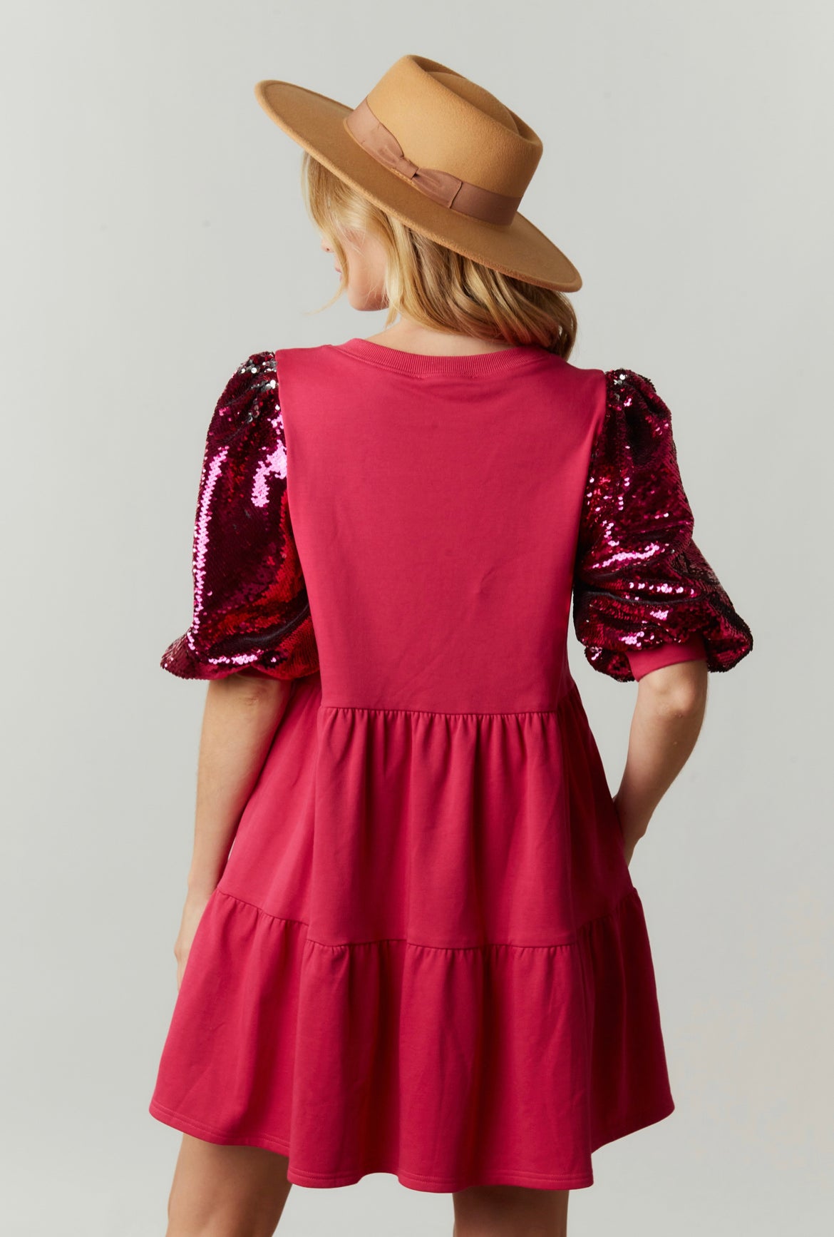 Sequin Puff Sleeve French Terry Dress