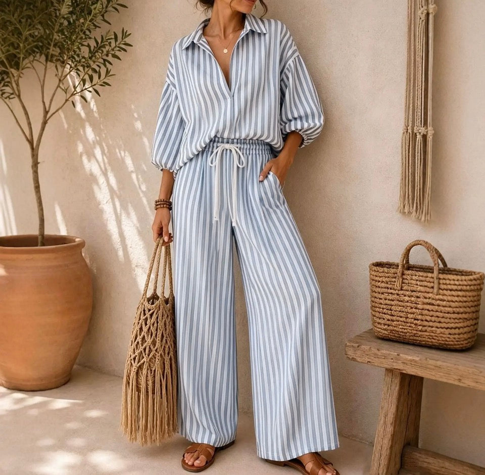 Blue Striped Button Down and Wide Leg Set
