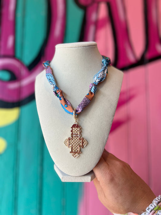 Scarf Necklace in Bright Colors with Pendant Charm