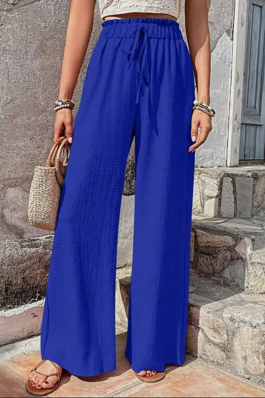 Blue Textured Wide Leg Pants