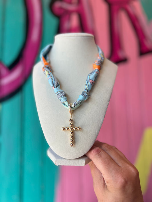 Scarf Necklace in Baby Blue with Cross Charm