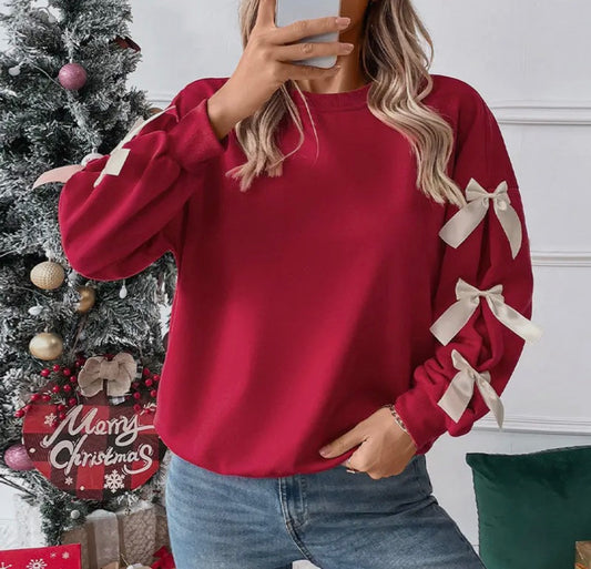Red Pullover Top with White Sleeve Bows