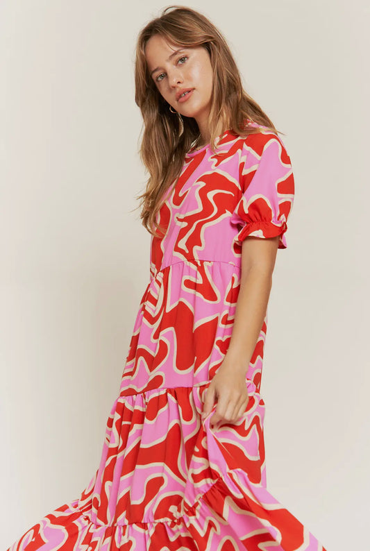 Red and Pink Midi Dress