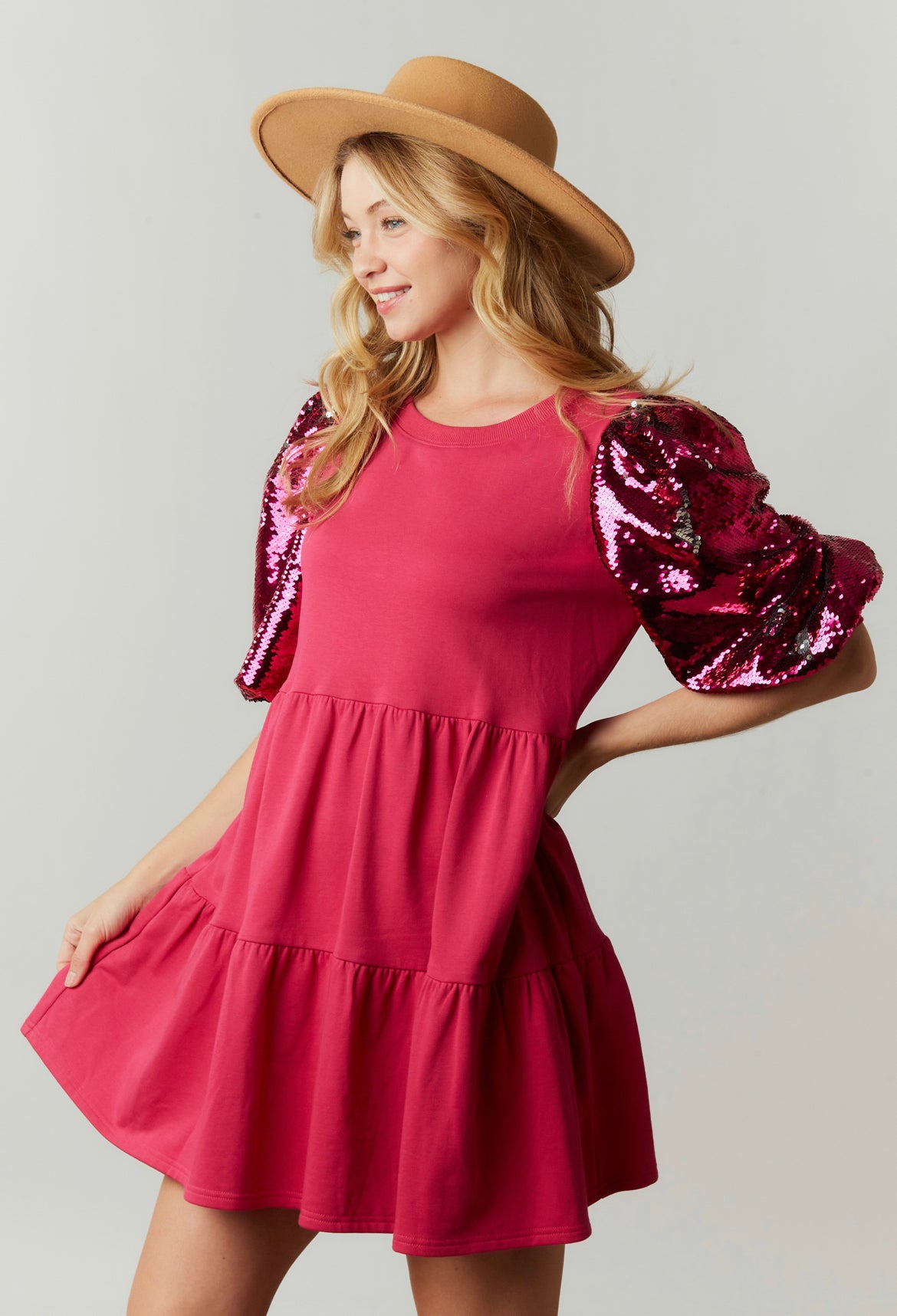 Sequin Puff Sleeve French Terry Dress