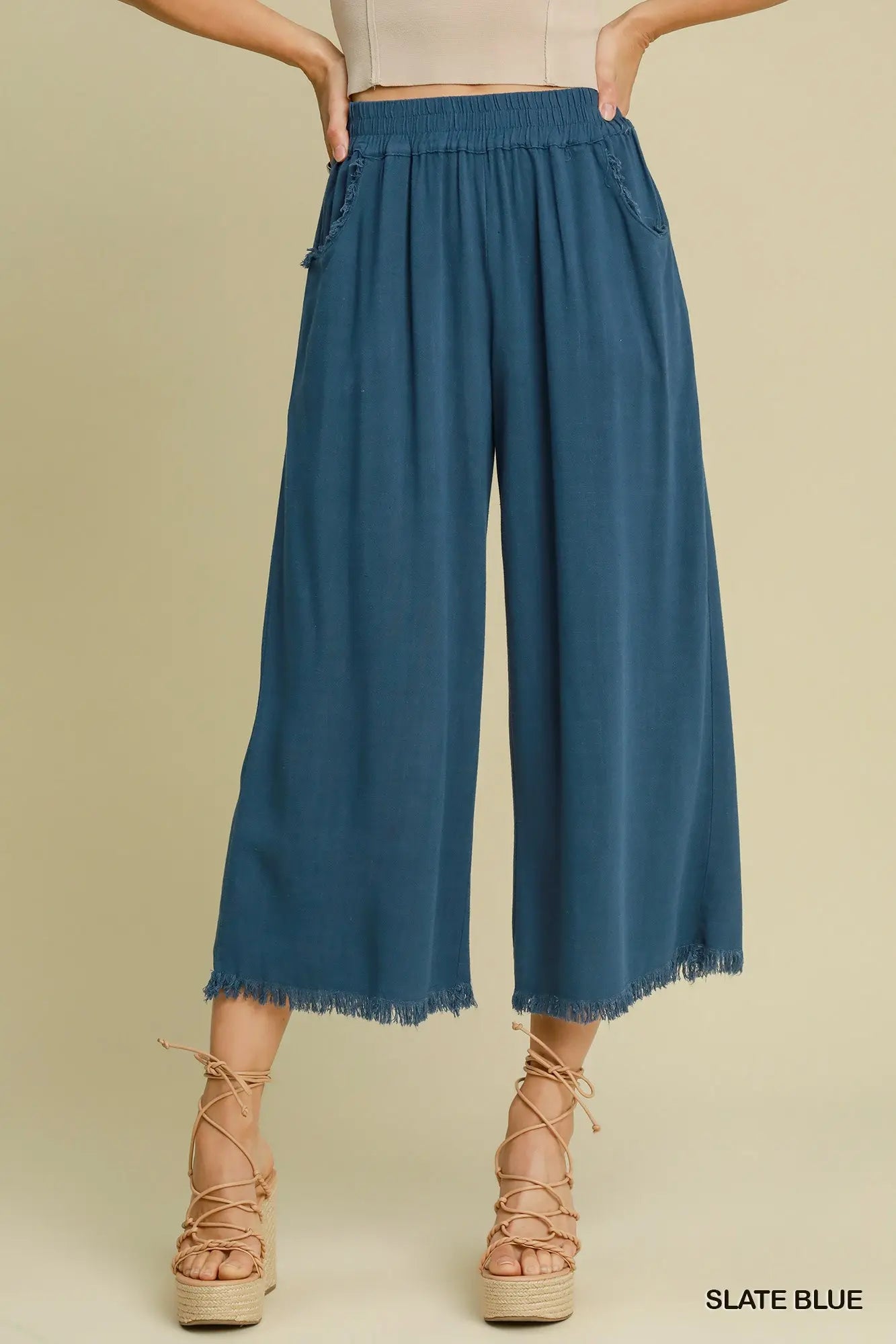 Umgee Wide-Leg Frayed Pants Blue