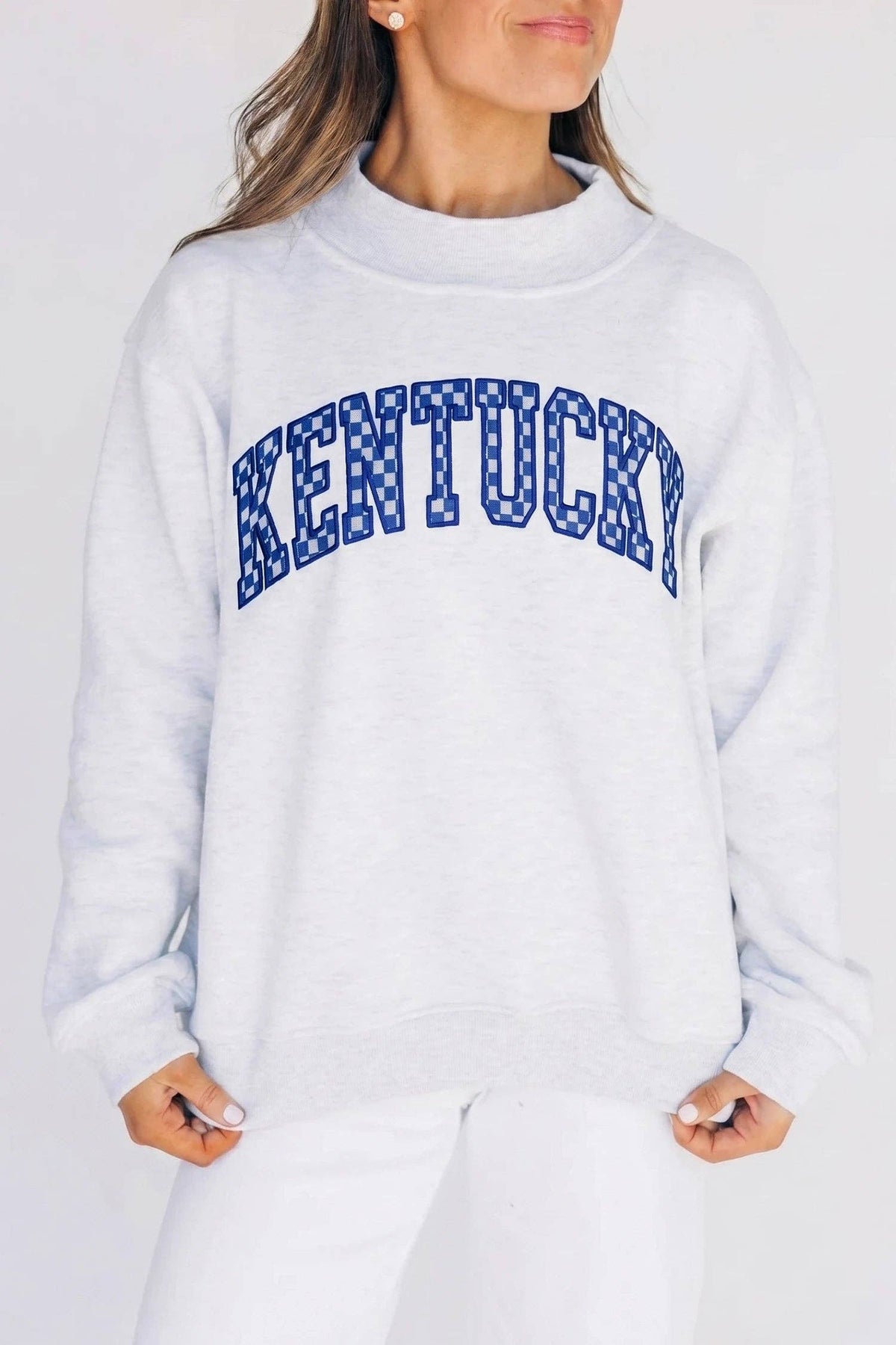 Mock Neck Embroidered Checkered Letter Game Day Sweatshirt