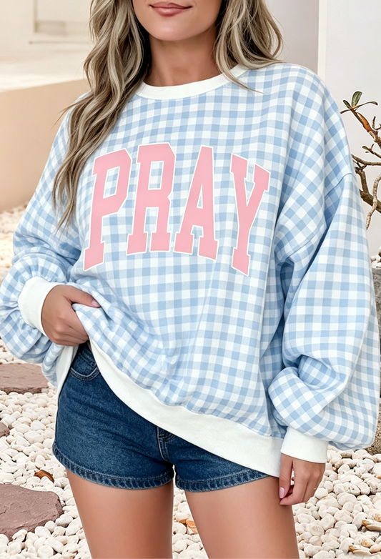 LDC PRAY Slogan Graphic Pullover Sweatshirt: Light Blue / L