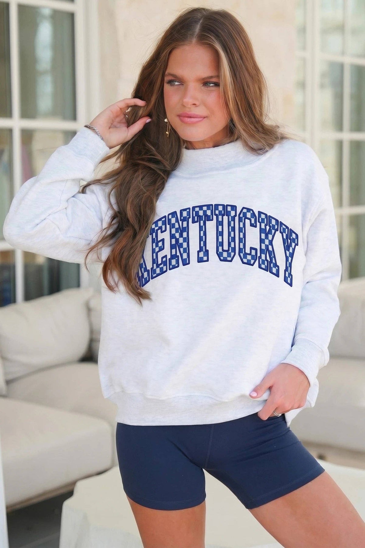 Mock Neck Embroidered Checkered Letter Game Day Sweatshirt