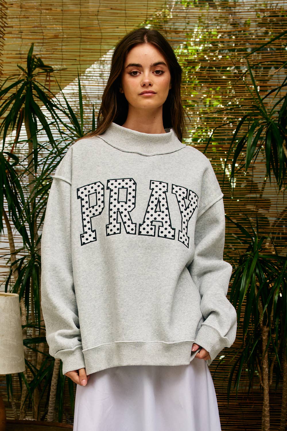 PRAY| Embroidered "PRAY" Mock Neck Sweatshirt: HEATHER GREY
