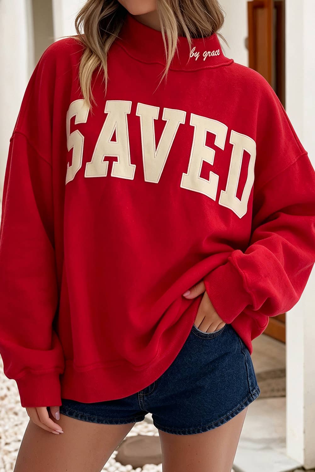Embroidered Saved By Grace Mock Neck Sweatshirt