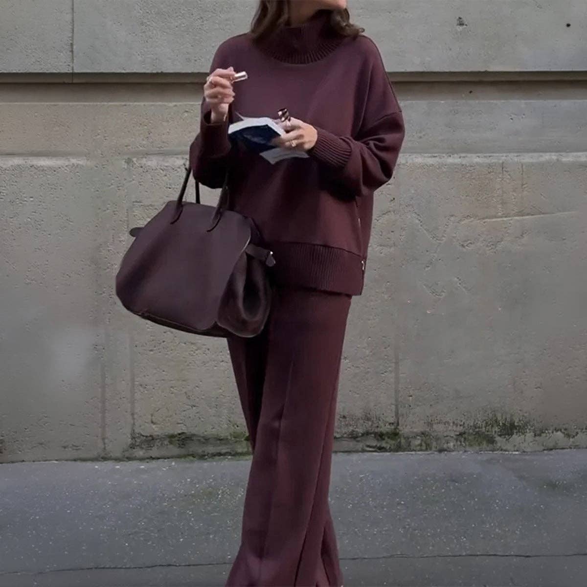 Mock Neck and Wide Leg Pants Matching Set
