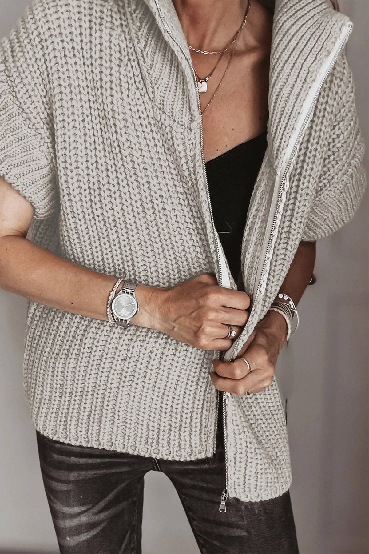 Short Sleeve Zipper Knit High Neck Sweater